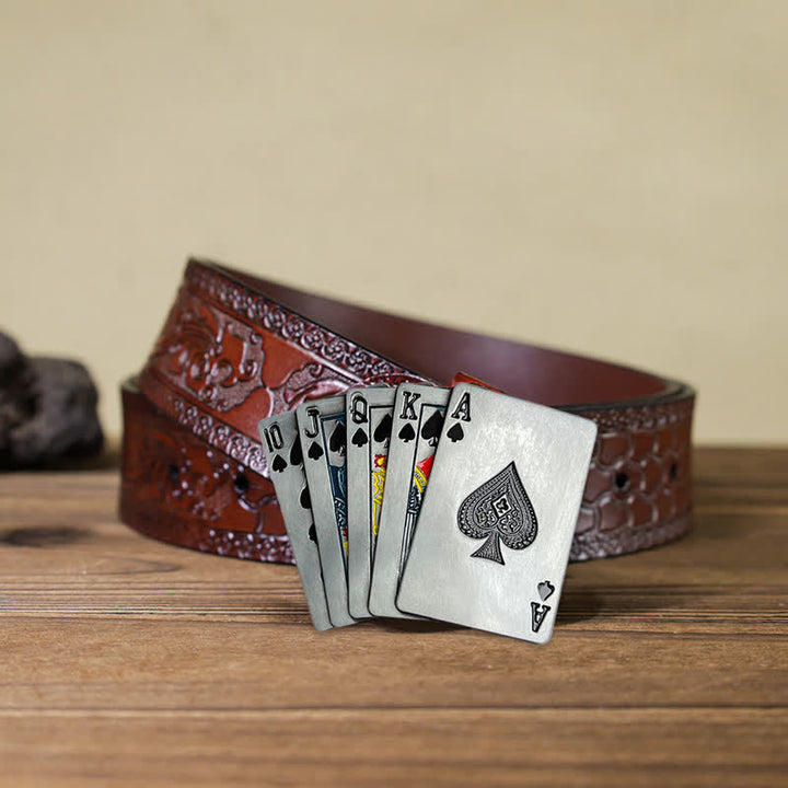 Men's DIY Casino Game Poker Buckle Leather Belt - Poker - Brown Carved Belt (40) - image 7
