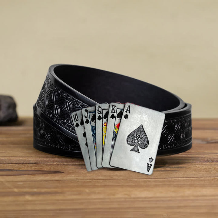 Men's DIY Casino Game Poker Buckle Leather Belt - Poker - Black Embossed Weave Belt (38) - image 5