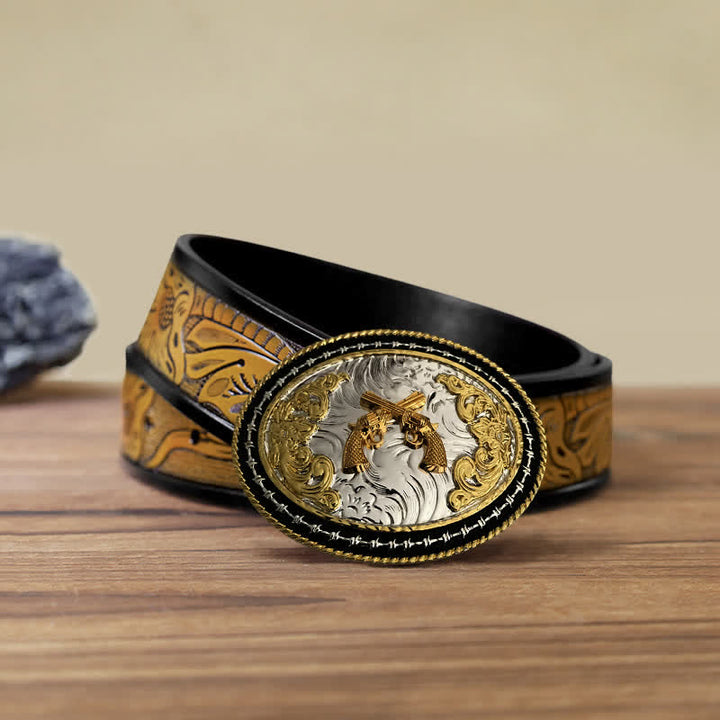 Men's DIY Western Cowboy Golden Oval Buckle Leather Belt - Guns - SandyBrown Belt (40) - image 15