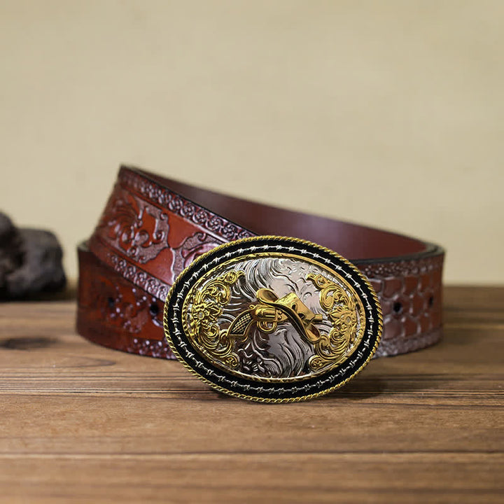 Men's DIY Western Cowboy Golden Oval Buckle Leather Belt - Hat & Gun - Brown Carved Belt (40) - image 22