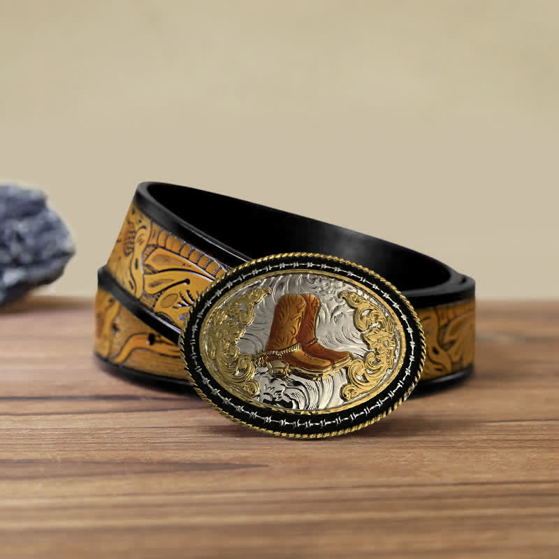 Men's DIY Western Cowboy Golden Oval Buckle Leather Belt - Boots - SandyBrown Belt (40) - image 7