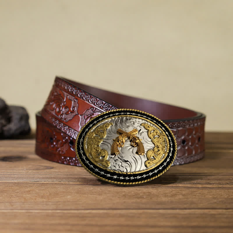 Men's DIY Western Cowboy Golden Oval Buckle Leather Belt - Guns - Brown Carved Belt (40) - image 14