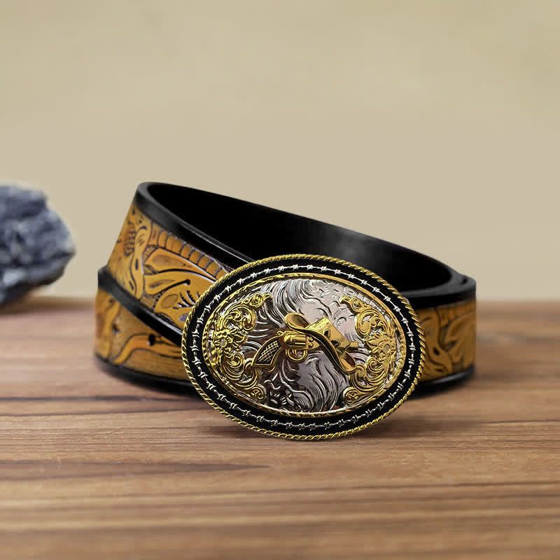 Men's DIY Western Cowboy Golden Oval Buckle Leather Belt - Hat & Gun - SandyBrown Belt (40) - image 23