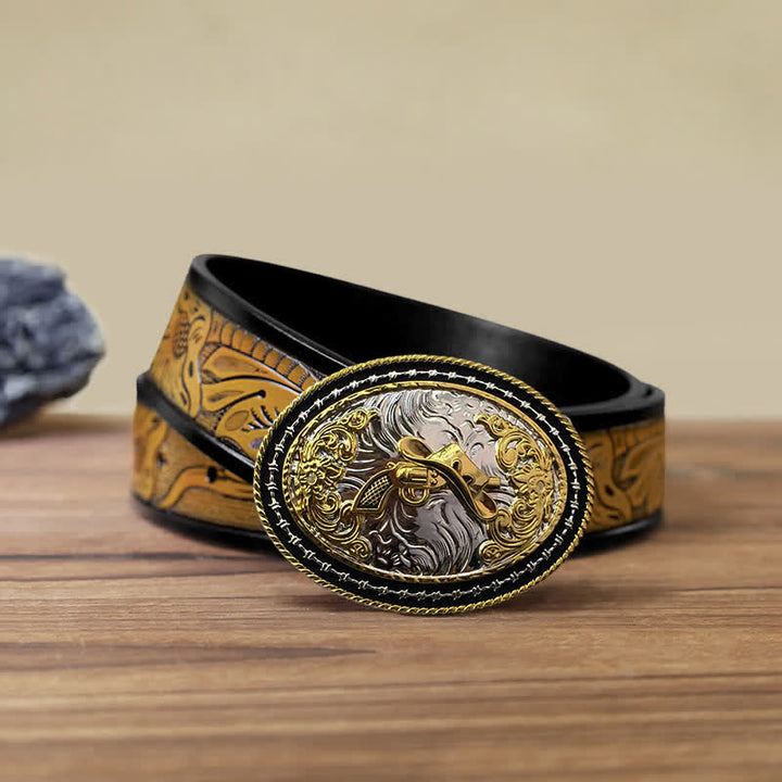 Men's DIY Western Cowboy Golden Oval Buckle Leather Belt - Hat & Gun - SandyBrown Belt (40) - image 23