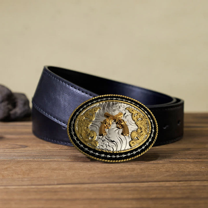 Men's DIY Western Cowboy Golden Oval Buckle Leather Belt - Guns - Black PU Belt (40) - image 10