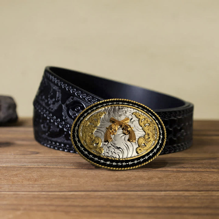 Men's DIY Western Cowboy Golden Oval Buckle Leather Belt - Guns - Black Carved Belt (40) - image 13