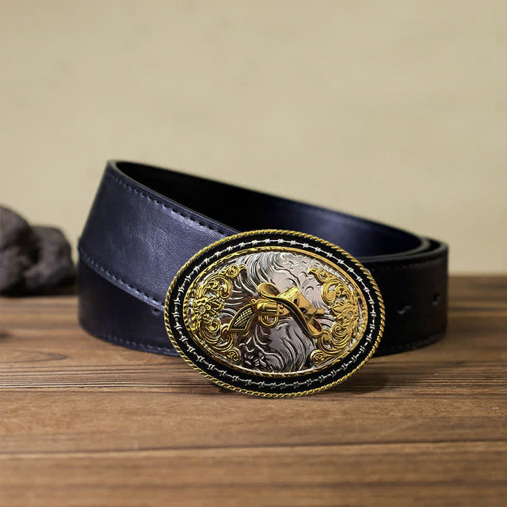 Men's DIY Western Cowboy Golden Oval Buckle Leather Belt - Hat & Gun - Black PU Belt (40) - image 18