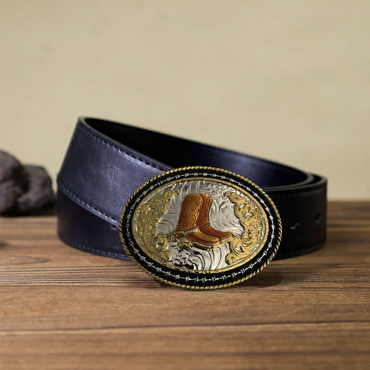 Men's DIY Western Cowboy Golden Oval Buckle Leather Belt - Boots - Black PU Belt (40) - image 2