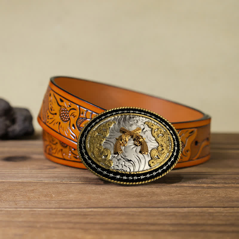 Men's DIY Western Cowboy Golden Oval Buckle Leather Belt - Guns - Orange Carved Belt (40) - image 16