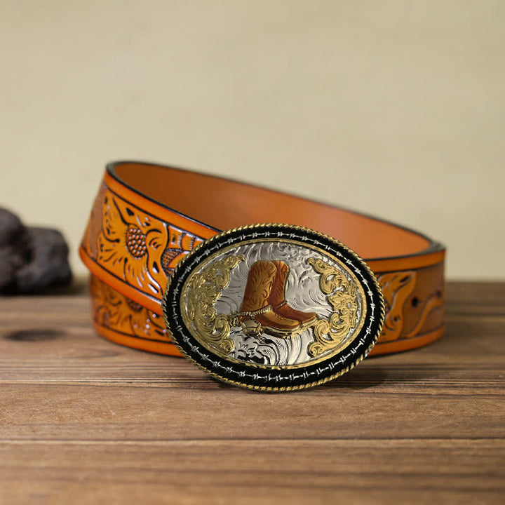 Men's DIY Western Cowboy Golden Oval Buckle Leather Belt - Boots - Orange Carved Belt (40) - image 8