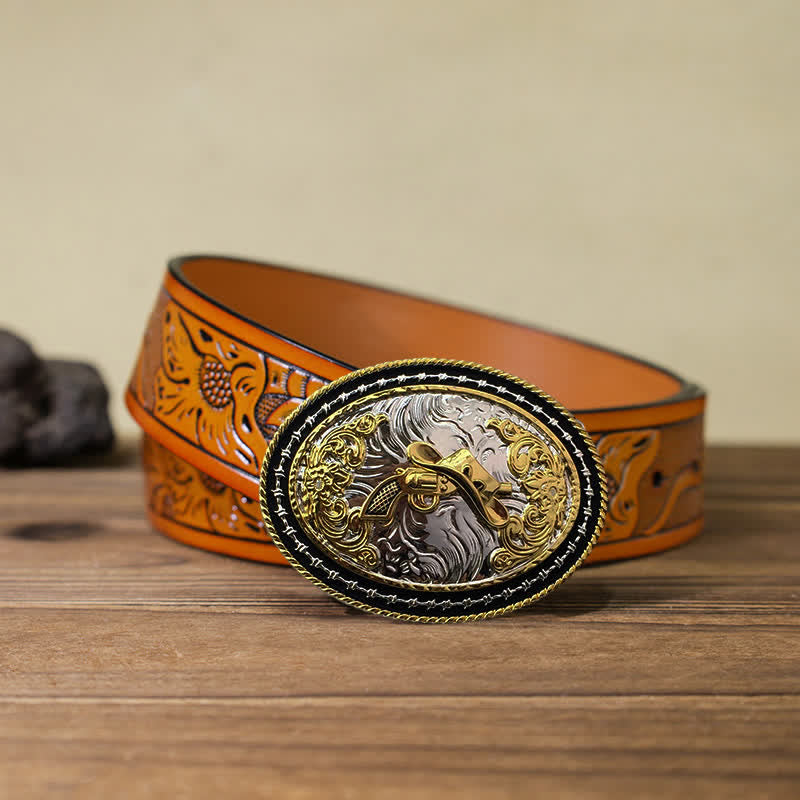 Men's DIY Western Cowboy Golden Oval Buckle Leather Belt - Hat & Gun - Orange Carved Belt (40) - image 24