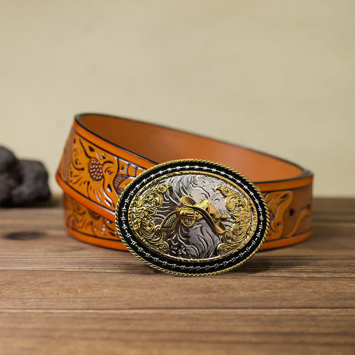 Men's DIY Western Cowboy Golden Oval Buckle Leather Belt - Hat & Gun - Orange Carved Belt (40) - image 24