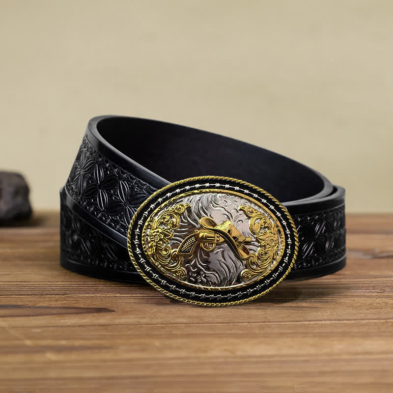 Men's DIY Western Cowboy Golden Oval Buckle Leather Belt - Hat & Gun - Black Embossed Weave Belt (38) - image 20
