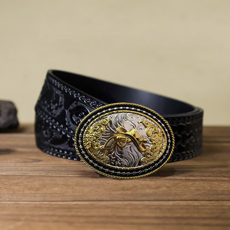 Men's DIY Western Cowboy Golden Oval Buckle Leather Belt - Hat & Gun - Black Carved Belt (40) - image 21