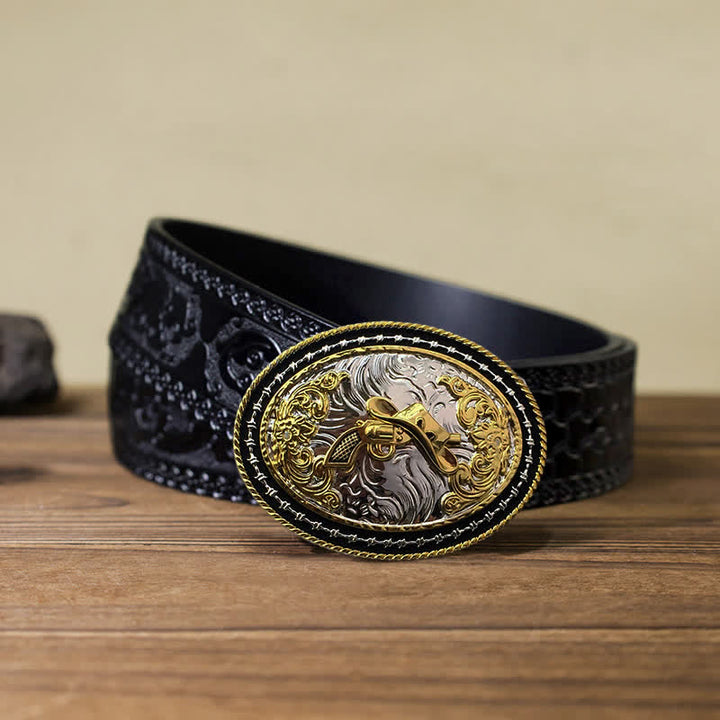 Men's DIY Western Cowboy Golden Oval Buckle Leather Belt - Hat & Gun - Black Carved Belt (40) - image 21
