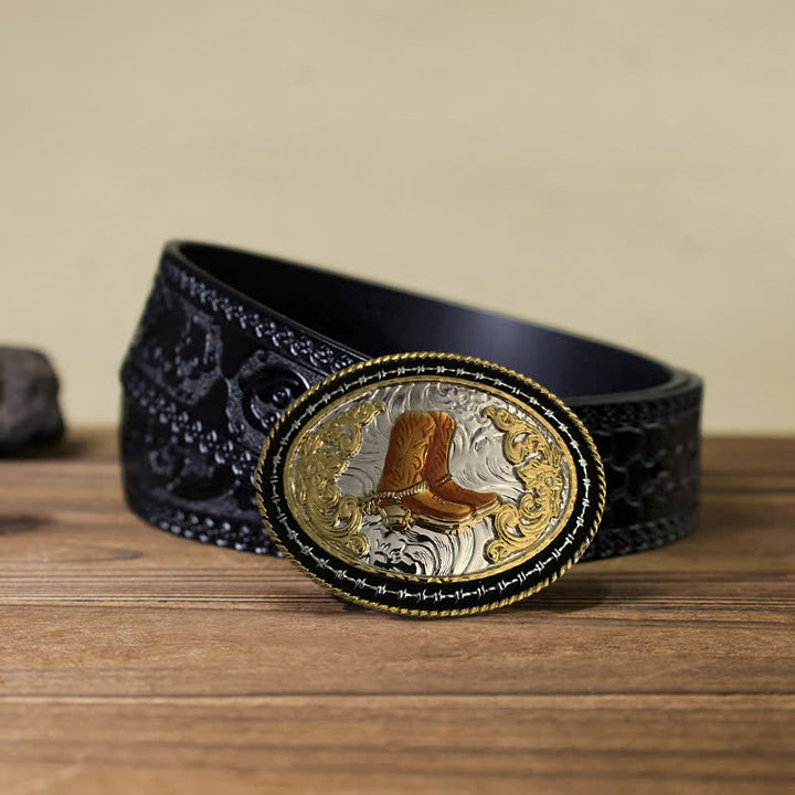 Men's DIY Western Cowboy Golden Oval Buckle Leather Belt - Boots - Black Carved Belt (40) - image 5