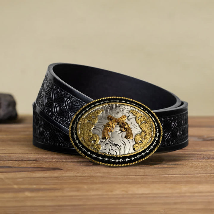 Men's DIY Western Cowboy Golden Oval Buckle Leather Belt - Guns - Black Embossed Weave Belt (38) - image 12