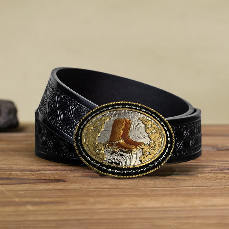 Men's DIY Western Cowboy Golden Oval Buckle Leather Belt - Boots - Black Embossed Weave Belt (38) - image 4