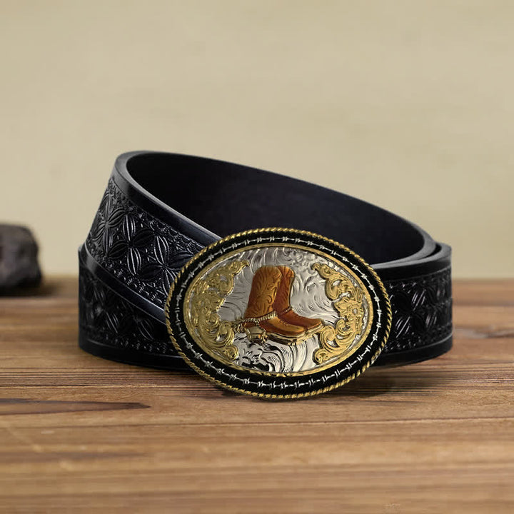 Men's DIY Western Cowboy Golden Oval Buckle Leather Belt - Boots - Black Embossed Weave Belt (38) - image 4
