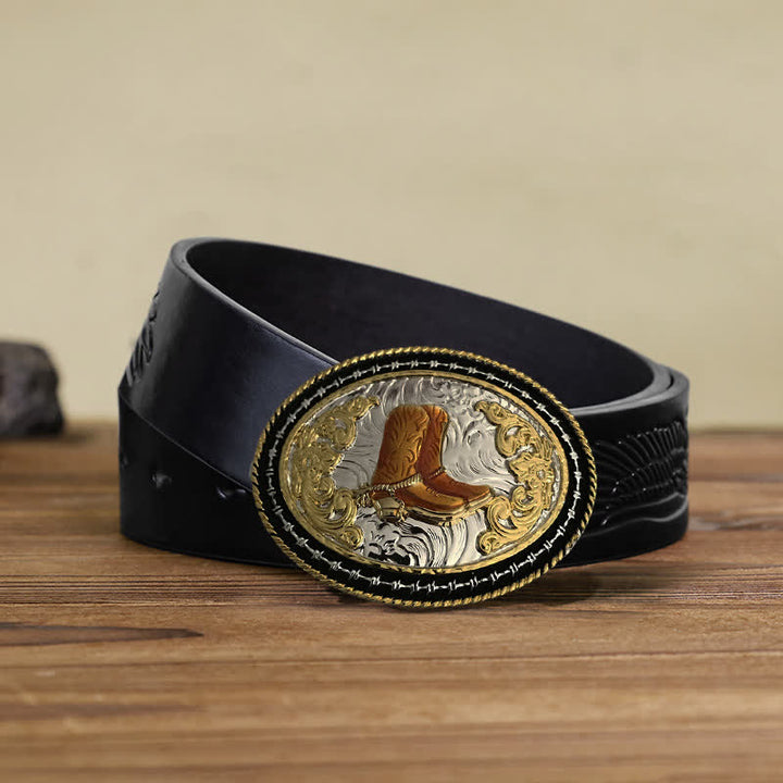 Men's DIY Western Cowboy Golden Oval Buckle Leather Belt - Boots - Black Embossed Eagle Belt (38) - image 3