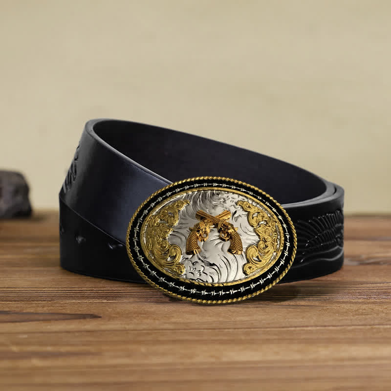 Men's DIY Western Cowboy Golden Oval Buckle Leather Belt - Guns - Black Embossed Eagle Belt (38) - image 11