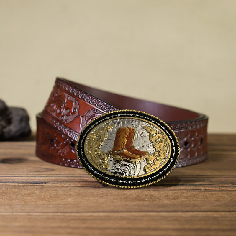 Men's DIY Western Cowboy Golden Oval Buckle Leather Belt - Boots - Brown Carved Belt (40) - image 6