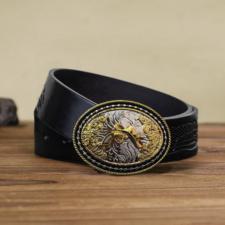Men's DIY Western Cowboy Golden Oval Buckle Leather Belt - Hat & Gun - Black Embossed Eagle Belt (38) - image 19