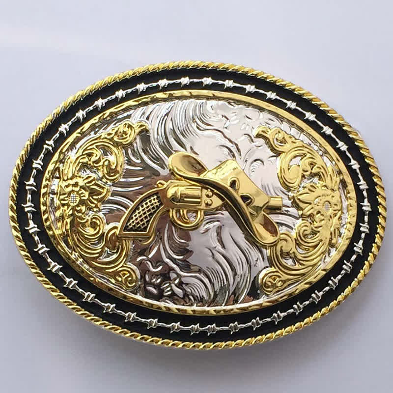 Men's DIY Western Cowboy Golden Oval Buckle Leather Belt - Hat & Gun - Without Belt - image 17