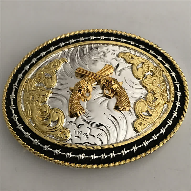 Men's DIY Western Cowboy Golden Oval Buckle Leather Belt - Guns - Without Belt - image 9