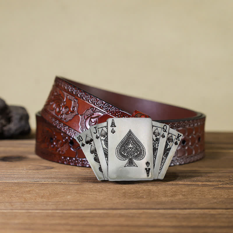 Men's DIY Poker Royal Flush Buckle Leather Belt - Poker - Brown Carved Belt (40) - image 7