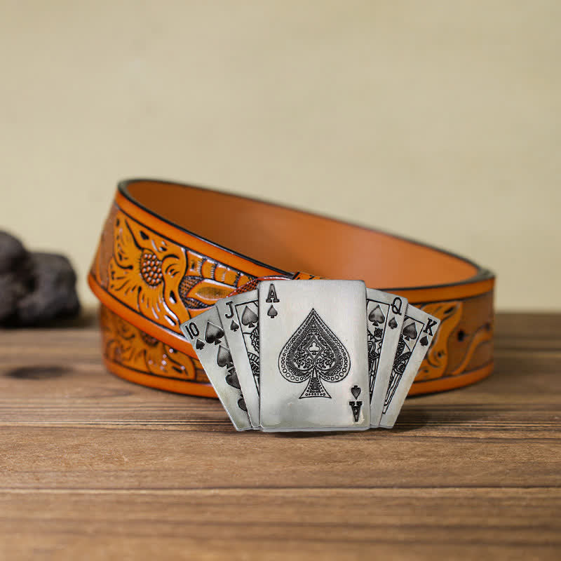 Men's DIY Poker Royal Flush Buckle Leather Belt - Poker - Orange Carved Belt (40) - image 9
