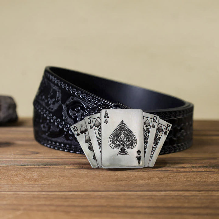 Men's DIY Poker Royal Flush Buckle Leather Belt - Poker - Black Carved Belt (40) - image 6