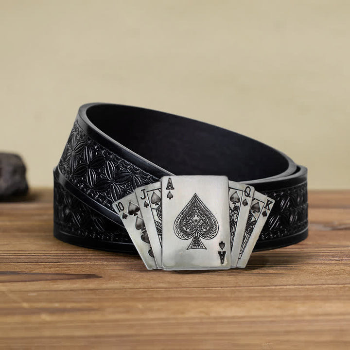 Men's DIY Poker Royal Flush Buckle Leather Belt - Poker - Black Embossed Weave Belt (38) - image 5