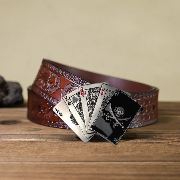 Men's DIY Pirate Skull Poker Flush Buckle Leather Belt - Poker - Brown Carved Belt (40) - image 7