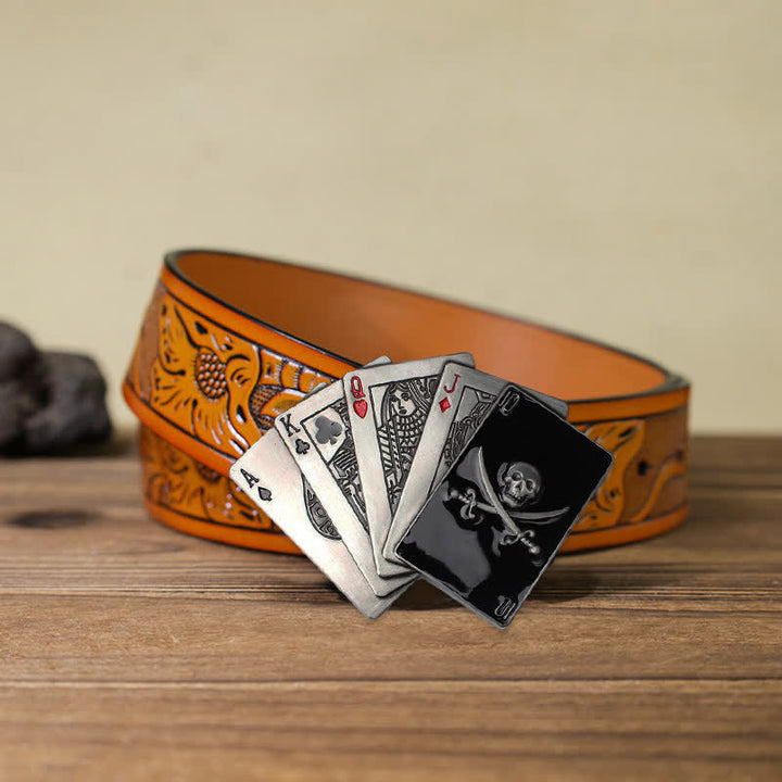Men's DIY Pirate Skull Poker Flush Buckle Leather Belt - Poker - Orange Carved Belt (40) - image 9