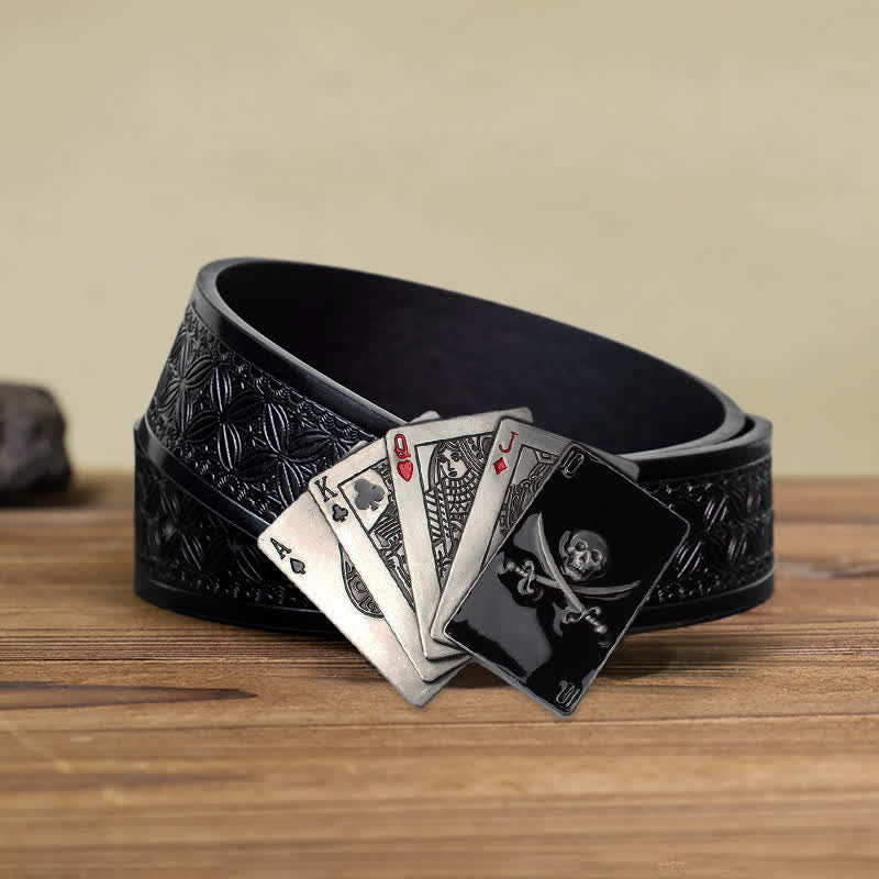 Men's DIY Pirate Skull Poker Flush Buckle Leather Belt - Poker - Black Embossed Weave Belt (38) - image 5