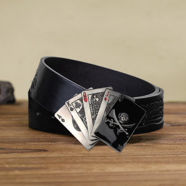 Men's DIY Pirate Skull Poker Flush Buckle Leather Belt - Poker - Black Embossed Eagle Belt (38) - image 4