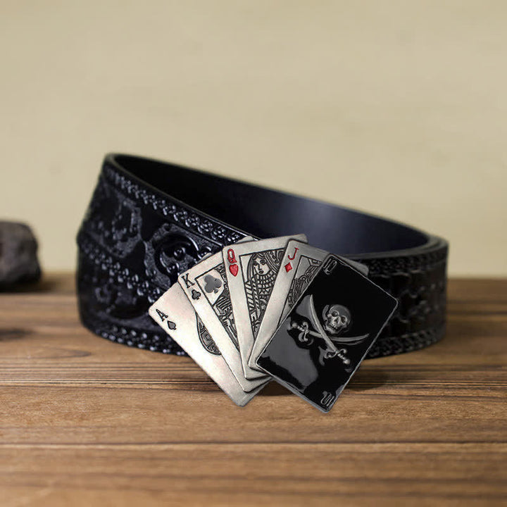 Men's DIY Pirate Skull Poker Flush Buckle Leather Belt - Poker - Black Carved Belt (40) - image 6