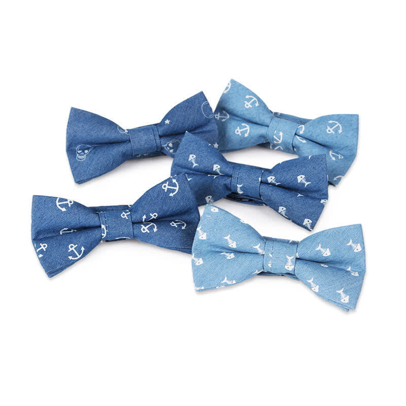 Men's British Style Blue Fish Bone Skull Print Cotton Bow Tie - image 0
