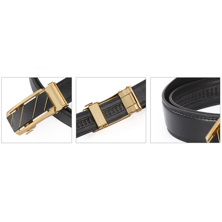 Men's Black & Gold Line Automatic Buckle Leather Belt - image 4