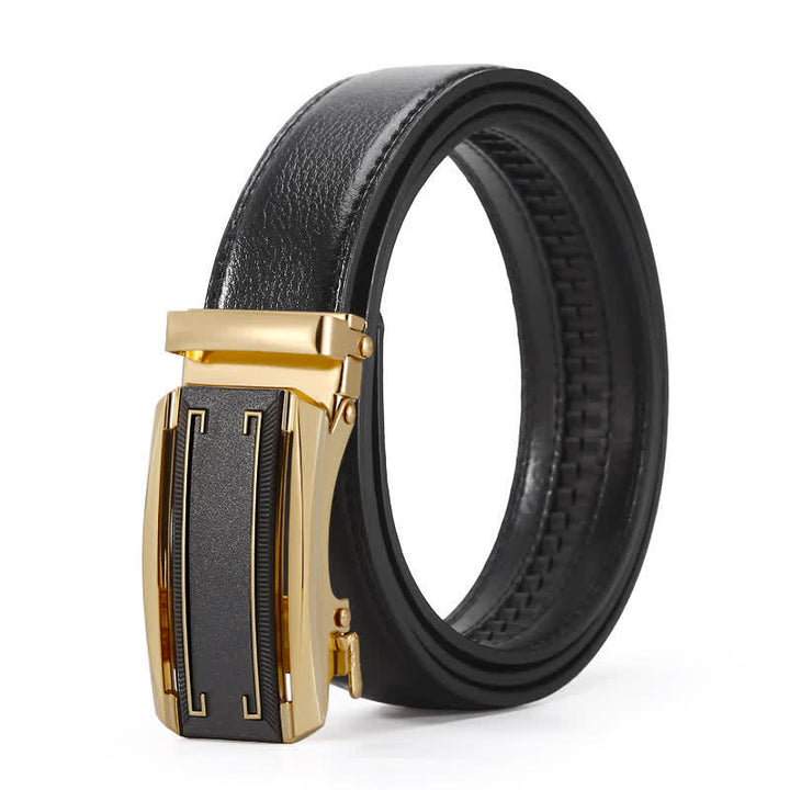 Men's Black & Gold Line Automatic Buckle Leather Belt - Style #1 - 42 - image 2