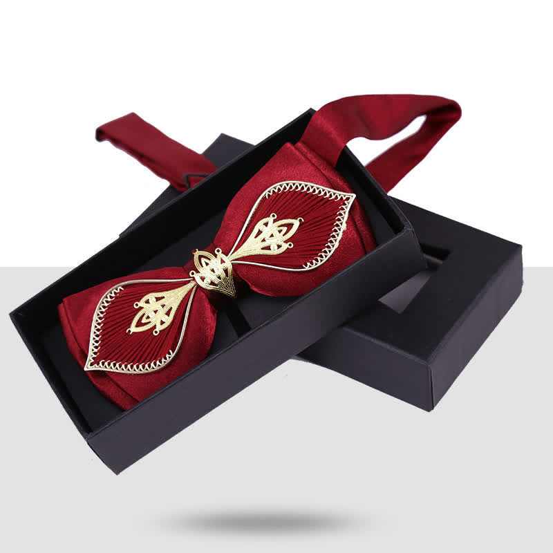 Men's Wedding Golden Floral Branch Bird Bow Tie - Dark Red - image 5