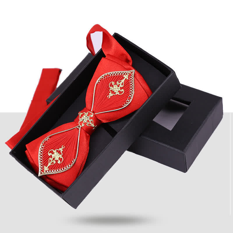 Men's Wedding Golden Floral Branch Bird Bow Tie - Red - image 3