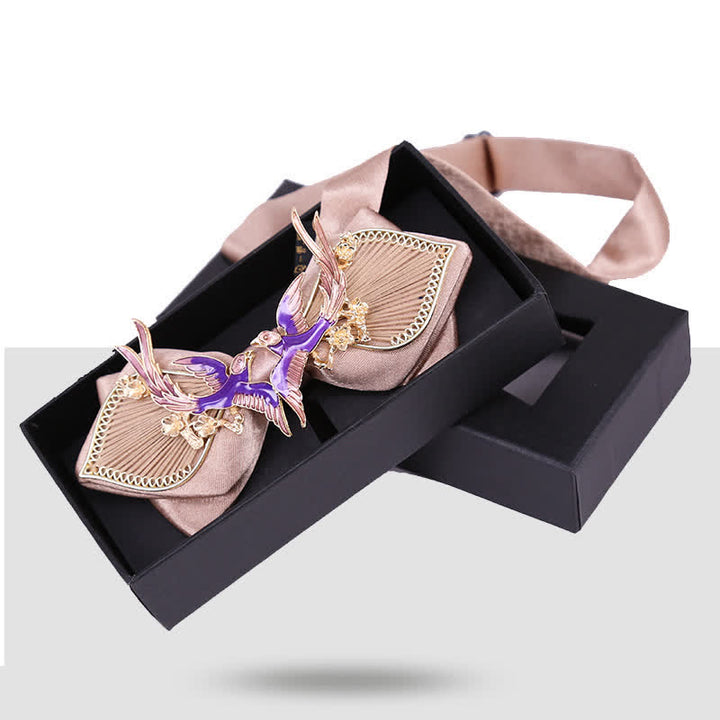 Men's Wedding Golden Floral Branch Bird Bow Tie - Pink - image 8