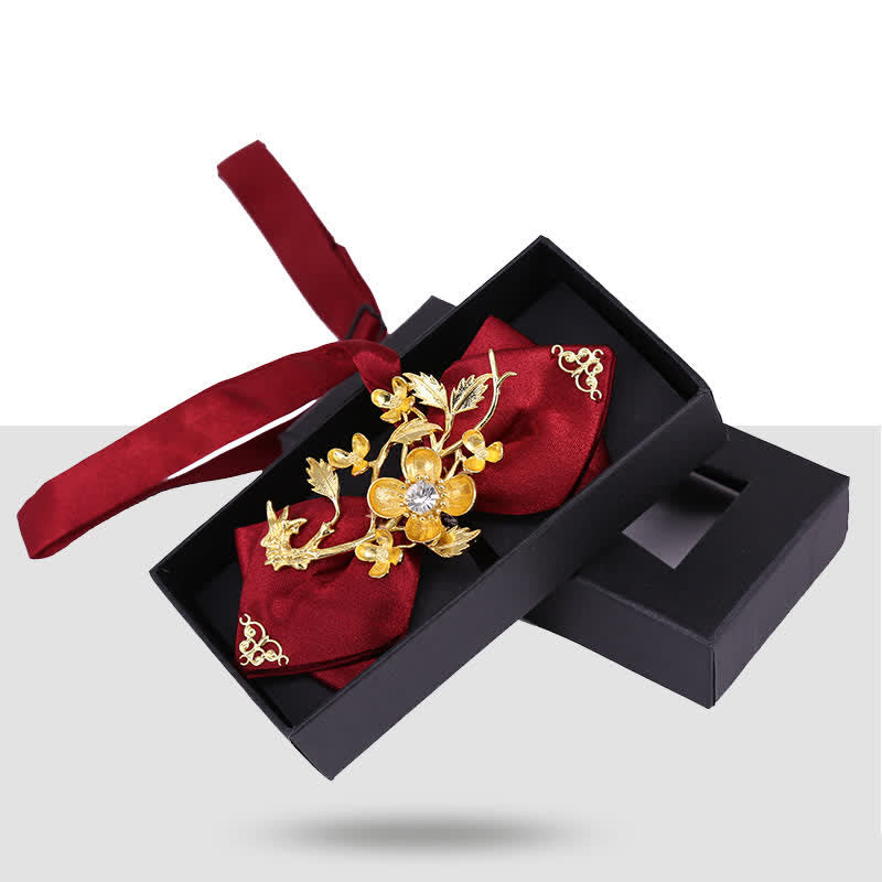 Men's Wedding Golden Floral Branch Bird Bow Tie - Burgundy - image 6
