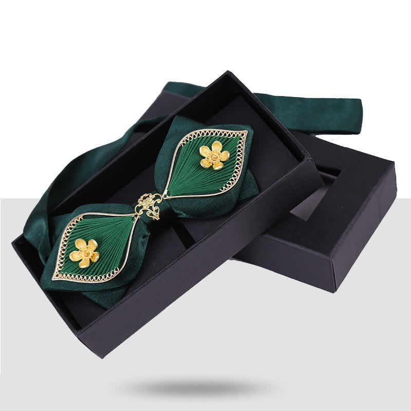 Men's Wedding Golden Floral Branch Bird Bow Tie - Green - image 0