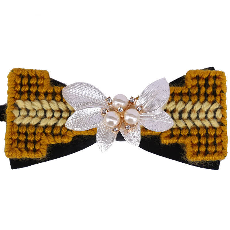 Men's Wool Weave Pearl Rinestone Flower Bow Tie - Brown - image 6