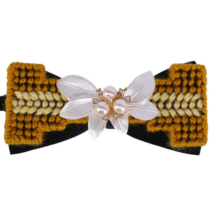 Men's Wool Weave Pearl Rinestone Flower Bow Tie - Brown - image 6