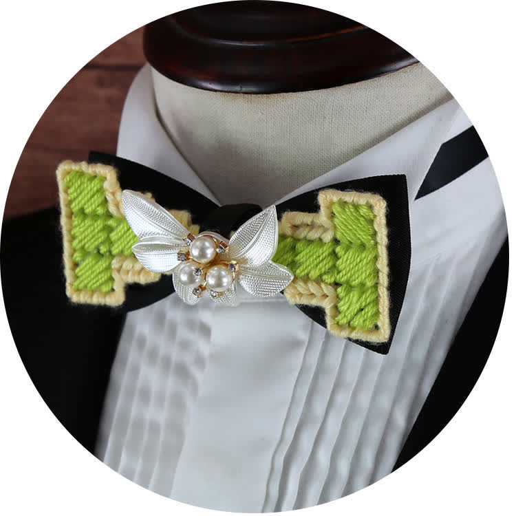 Men's Wool Weave Pearl Rinestone Flower Bow Tie - image 2