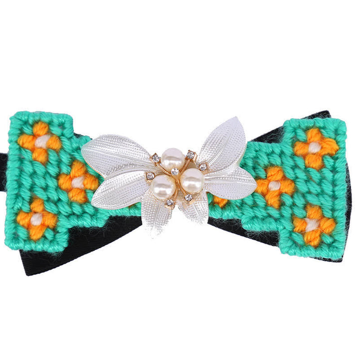 Men's Wool Weave Pearl Rinestone Flower Bow Tie - Lake Blue - image 5